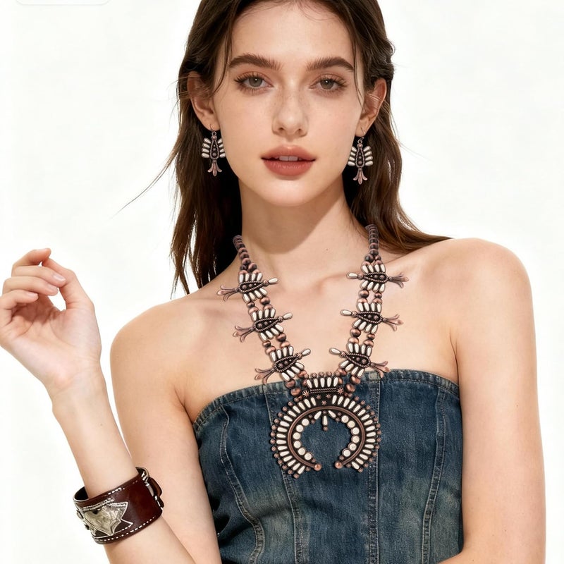 JMScape 4 PCS Western Turquoise Jewelry for Women Boho Vintage Navajo Pearl Necklace Earring Bracelet Ring Set Country Cowgirl Accessories for Gift - Image 2
